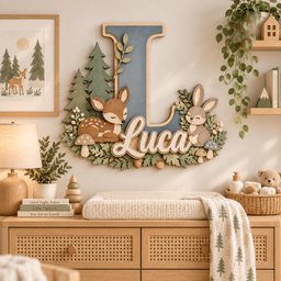 May include: A wall-mounted wooden sign featuring a large blue letter L, a cutout of a fawn, a rabbit, pine trees, and mushrooms, with the name Luca written in white script. The decorative piece is layered with natural wood tones and green accents.