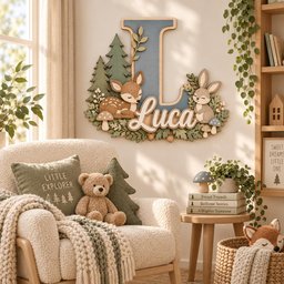 May include: A large wooden wall decoration featuring a blue letter L, the name Luca in white script, and layered cutouts of a deer, a rabbit, pine trees, and mushrooms. The piece is decorated with green foliage and small brown acorns.