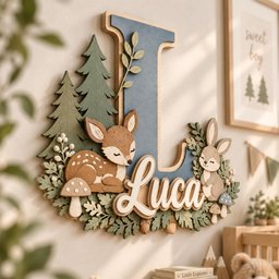 May include: A wooden wall sign featuring a large blue letter L, the name Luca in white script, a brown deer, a brown rabbit, green pine trees, mushrooms, and foliage. The layered design incorporates natural wood tones and muted green and blue colors.