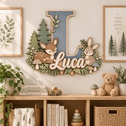 May include: A wall-mounted wooden sign featuring a large blue letter L with the name Luca in white script. The design includes layered cutouts of green pine trees, a brown fawn, a tan rabbit, mushrooms, and foliage accents in a forest theme.