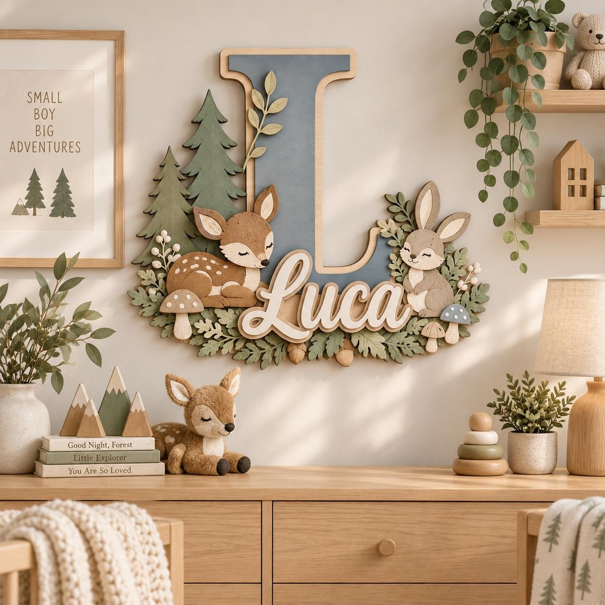 May include: A wall-mounted wooden letter L in muted blue, featuring a layered forest scene with a fawn, a rabbit, pine trees, mushrooms, and foliage. The name Luca is written in white script across the center of the letter decoration.