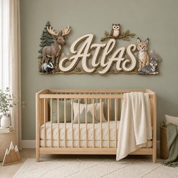 May include: A wall-mounted wooden sign featuring the name ATLAS in large, cream-colored script lettering. The sign is decorated with three-dimensional figures of a moose, a badger, an owl on a branch, a lynx, and a wolf, all set against a pine tree.