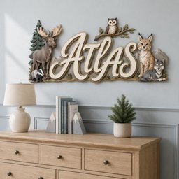 May include: A wall-mounted decorative sign featuring the name ATLAS in large, cream-colored script letters. The sign is surrounded by sculpted figures of a moose, a badger, an owl on a branch, a lynx, and a wolf, all set against a forest backdrop.