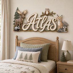 May include: A wall-mounted wooden sign featuring the name Atlas in large, cream-colored script lettering. The sign is decorated with sculpted figures of a moose, a badger, an owl on a branch, a lynx, and a wolf, all set against a pine tree backdrop.