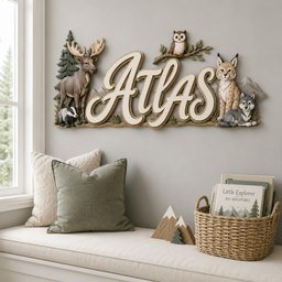 May include: A wall-mounted wooden sign featuring the name Atlas in large, cream-colored script lettering. The sign is decorated with three-dimensional figures of a moose, a badger, an owl on a branch, a lynx, and a wolf, all set against a forest backdrop.