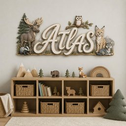 May include: A wall-mounted wooden sign featuring the name Atlas in large white script lettering, surrounded by carved figures of a moose, owl, lynx, badger, and wolf, set against a backdrop of pine trees and mountain peaks in natural earth tones.