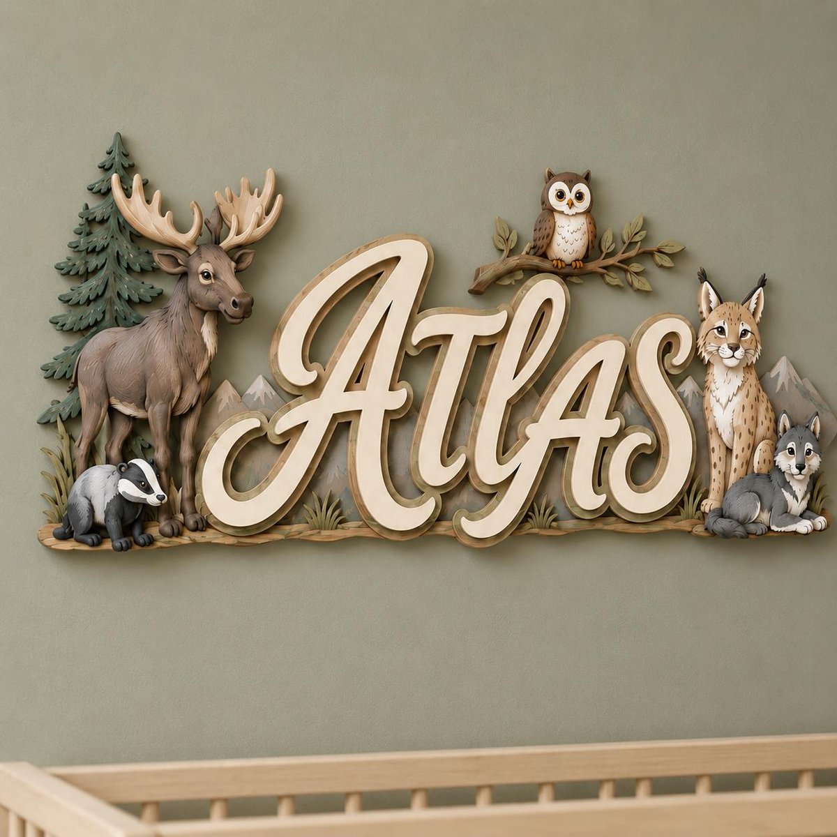 May include: A decorative wall sign featuring the name Atlas in large, cream-colored script lettering. The sign is adorned with carved figures of a moose, a badger, an owl on a branch, a lynx, and a wolf, set against a backdrop of pine trees.