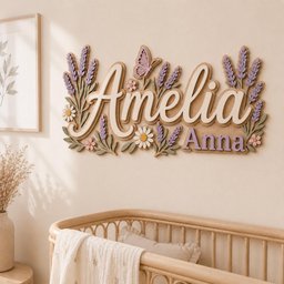 May include: A custom wooden wall sign featuring the name Amelia in large white script lettering and the name Anna in smaller purple block letters, decorated with layered lavender sprigs, white daisies, and a butterfly in shades of purple.