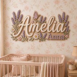 May include: A custom wooden wall sign featuring the names Amelia and Anna in layered script and block lettering. The design is decorated with purple lavender sprigs, white daisies, and a butterfly in shades of pink, white, and light green.