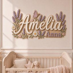 May include: A wall-mounted wooden sign featuring the names Amelia and Anna in layered script and block lettering. The design includes purple lavender sprigs, small white and pink flowers, and a light purple butterfly, all in a soft pastel color palette.