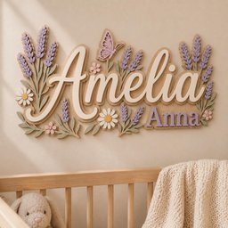 May include: A decorative wooden wall sign featuring the name Amelia in large white script and Anna in smaller purple block letters. The design includes layered cutouts of lavender sprigs, daisies, and a butterfly in shades of purple, pink, and green.
