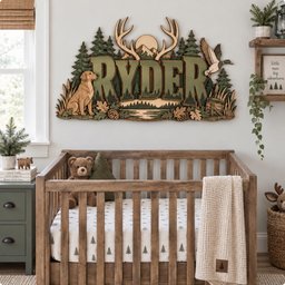 May include: A multi-layered wooden wall sign featuring the name RYDER in large green letters, surrounded by a forest scene with a golden retriever, a flying duck, pine trees, mountains, antlers, and pinecones, mounted above a wooden crib.