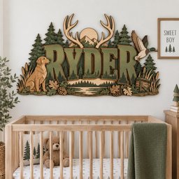 May include: A multi-layered wooden wall sign featuring the name RYDER in large green letters. The design includes a golden retriever, a flying duck, pine trees, mountains, a sun, and pinecones in shades of green, brown, and tan, mounted above a crib.