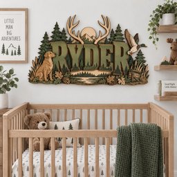 May include: A multi-layered wooden wall sign featuring the name RYDER in large green letters, surrounded by a forest scene with a golden retriever, a flying duck, pine trees, mountains, and antlers, all crafted in natural wood tones and green.