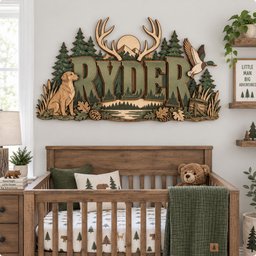 May include: A multi-layered wooden wall sign featuring the name RYDER in large green letters. The design includes a golden retriever, a flying duck, pine trees, mountains, a sun, and oak leaves in shades of green, brown, and tan, creating a nature-themed scene.