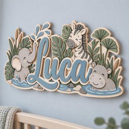 May include: A multi-layered wooden wall sign featuring the name Luca in large blue script lettering. The design includes cartoon illustrations of an elephant, a zebra, and a hippo surrounded by green tropical leaves and cattails in a jungle scene.