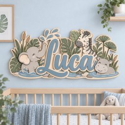 May include: A multi-layered wooden wall sign featuring the name Luca in large blue script lettering, surrounded by cutouts of a gray elephant, a zebra, and a hippo, all set among green tropical leaves and blue water splashes.