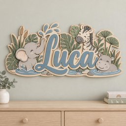 May include: A layered wooden wall sign featuring the name Luca in blue script lettering. The design includes cartoon illustrations of a gray elephant, a zebra, and a hippopotamus surrounded by green tropical leaves and blue water accents.