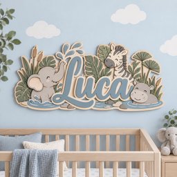 May include: A layered wooden wall sign featuring the name Luca in blue script lettering, surrounded by cutouts of a gray elephant, a zebra, and a hippo in water, accented with green tropical leaves and cattails against a light blue background.