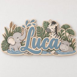 May include: A layered wooden wall sign featuring the name Luca in blue script lettering, surrounded by illustrations of a grey elephant, a zebra, and a hippo in water, accented with green tropical leaves and brown cattails on a light background.