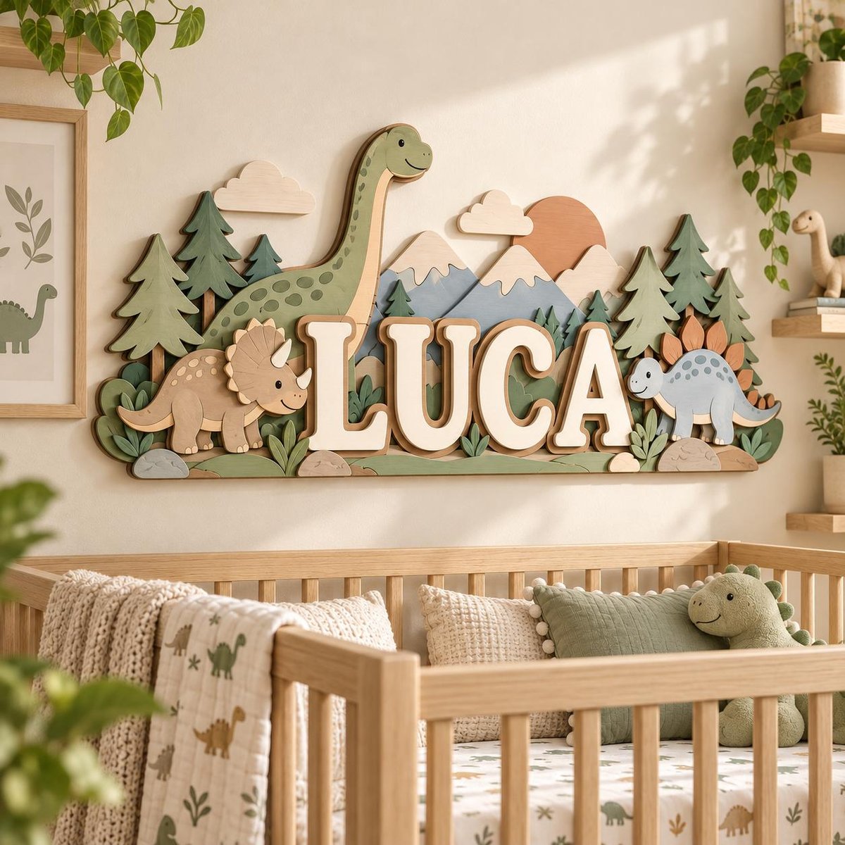 Personalized Dinosaur Nursery Name Sign, Custom Wooden Dino Wall Decor, 3D Baby Boy Name Plaque, Woodland Dinosaur Baby Shower Gift image 1
