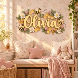May include: A wall-mounted wooden sign featuring the name Olivia in large script lettering, surrounded by a decorative arrangement of yellow honeycomb shapes, white daisies, pink clover flowers, green leaves, and three small cartoon bees.