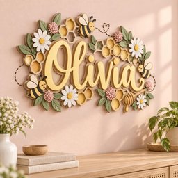 May include: A decorative wall sign featuring the name Olivia in large gold script lettering. The design is surrounded by 3D elements including yellow and black bees, white daisies, pink clover flowers, green leaves, and yellow honeycomb patterns.