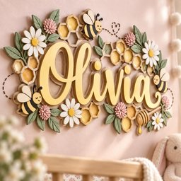 May include: A decorative wall sign featuring the name Olivia in large yellow script lettering, surrounded by three-dimensional wooden cutouts of yellow honeycombs, white daisies, pink clover flowers, green leaves, and three cartoon bees.