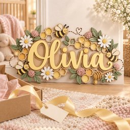 May include: A decorative wooden sign featuring the name Olivia in yellow script lettering, surrounded by 3D cutouts of yellow and black bees, white daisies, pink clover flowers, green leaves, yellow honeycomb patterns, and a wooden honey dipper.