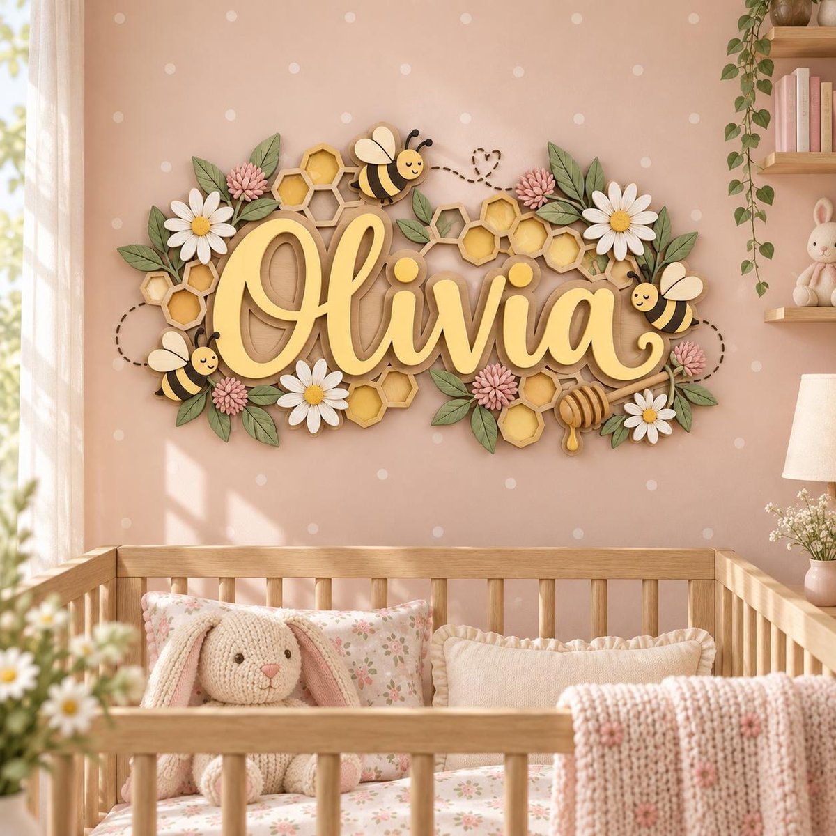 May include: A wall-mounted wooden sign featuring the name Olivia in large yellow script letters, surrounded by a decorative arrangement of yellow honeycomb patterns, white daisies, pink clover flowers, green leaves, and three small cartoon bees.