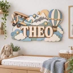 May include: A wooden wall sign featuring the name THEO in large block letters, surrounded by layered cutouts of a blue biplane, a striped hot air balloon, snow-capped mountains, a sun, stars, and clouds in shades of blue, cream, and natural wood.