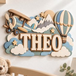 May include: A layered wooden wall sign featuring the name THEO in large block letters. The design includes a blue airplane, a hot air balloon, snow-capped mountains, a sun, and several stars, all set against a background of light and dark blue clouds.