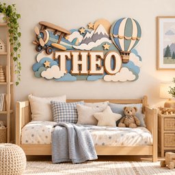 May include: A wooden wall art piece featuring the name THEO in large letters, surrounded by a layered design of a blue airplane, a hot air balloon, snow-capped mountains, clouds, and stars in shades of blue, cream, and natural wood tones.