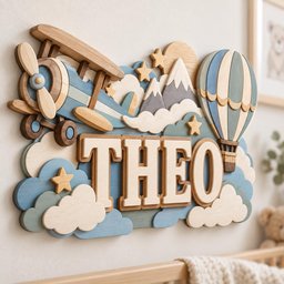 May include: A layered wooden wall sign featuring the name THEO in large block letters. The design includes a blue airplane, a hot air balloon, mountains, stars, and clouds in shades of blue, cream, and natural wood tones with a smooth finish.
