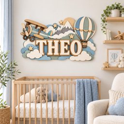 May include: A multi-layered wooden wall sign featuring the name THEO in large block letters. The design includes a blue biplane, a hot air balloon, snow-capped mountains, clouds, and stars in shades of blue, cream, and brown, creating a layered scene.