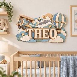 May include: A layered wooden wall sign featuring the name THEO in block letters, decorated with a blue biplane, a hot air balloon, snow-capped mountains, clouds, and stars in shades of blue, cream, and natural wood tones for a nursery wall.