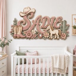 May include: A wall-mounted wooden sign featuring the name SADIE in large, layered pink script lettering. The design includes a cowboy hat, a pair of western boots, a horse, a horseshoe, flowers, and a cactus, all in soft pastel tones.