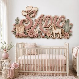 May include: A wall-mounted wooden name sign reading Sadie in large pink script letters, decorated with a cowboy hat, a pair of western boots, a horse, a horseshoe, a cactus, and various flowers in shades of pink, cream, and sage green.
