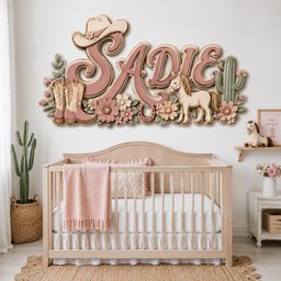 May include: A wooden wall sign featuring the name Sadie in large, layered pink and cream script lettering. The design includes a cowboy hat, a pair of western boots, a horse, a cactus, and floral accents in shades of pink, cream, and sage green.