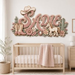 May include: A wall-mounted wooden sign featuring the name SADIE in large, layered pink letters. The design includes a cowboy hat, a pair of western boots, a horse, a horseshoe, flowers, and a cactus, all rendered in soft pink, green, and cream tones.
