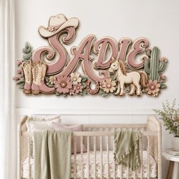 May include: A wall-mounted wooden sign featuring the name SADIE in large, layered pink script letters. The design includes a cowboy hat, a pair of pink cowboy boots, a horse, a horseshoe, and a cactus, all decorated with various flowers.
