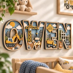 Personalized Construction Wooden Name Sign, Custom 3D Truck Letters, Excavator Crane Nursery Wall Decor, Baby Boy Room Gift image 3
