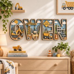 Personalized Construction Wooden Name Sign, Custom 3D Truck Letters, Excavator Crane Nursery Wall Decor, Baby Boy Room Gift image 2