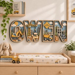 Personalized Construction Wooden Name Sign, Custom 3D Truck Letters, Excavator Crane Nursery Wall Decor, Baby Boy Room Gift image 5