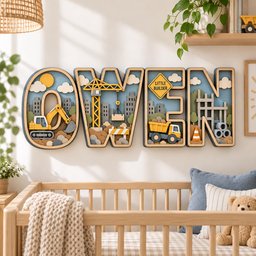 Personalized Construction Wooden Name Sign, Custom 3D Truck Letters, Excavator Crane Nursery Wall Decor, Baby Boy Room Gift image 1