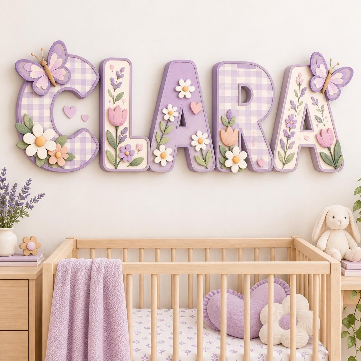 Personalized Floral Nursery Name Sign, Custom Wooden Letters for Baby Girl, Purple Butterfly Decor, Lavender Daisy Nursery, Baby Shower Gift image 1