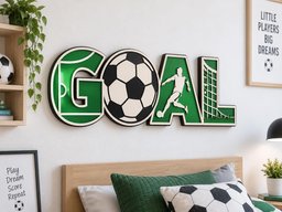 May include: A wall-mounted sign spelling the word GOAL in large, layered letters. The G features a green background, the O is a black and white soccer ball, the A shows a white silhouette of a soccer player, and the L depicts a white goal net.