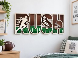May include: A layered wooden wall sign spelling the word RUSH in large block letters. The design features a white silhouette of a football player, a football lace pattern, and a brown helmet against a brown and green field background.