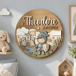 May include: A circular wooden wall sign featuring a layered design of a knight in armor holding a sword and shield, a castle, and trees. The name Theodore Arthur is displayed in raised lettering at the top, accented by small star shapes.