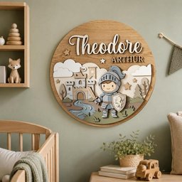 May include: A circular wooden wall sign featuring a layered design with the names Theodore and Arthur in white script and block lettering. The scene depicts a cartoon knight in armor holding a sword and shield, a stone castle, and clouds.